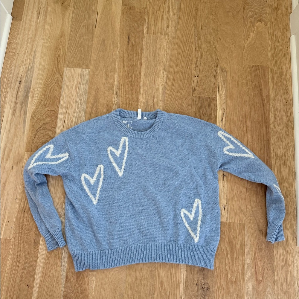 Blue and White Crew Neck Heart Sweater